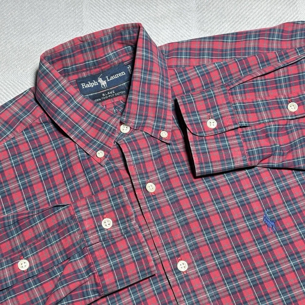 Ralph Lauren Blake Red Tartan Plaid Two-Ply Cotton Button Down Shirt Size Medium